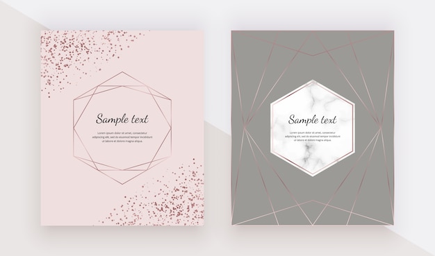 Tarjetas de diseño de mármol con líneas poligonales geométricas de oro rosa, confeti.