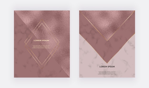 Tarjetas de diseño de oro rosa de lujo con papel de aluminio y textura de mármol y líneas y marcos poligonales dorados.