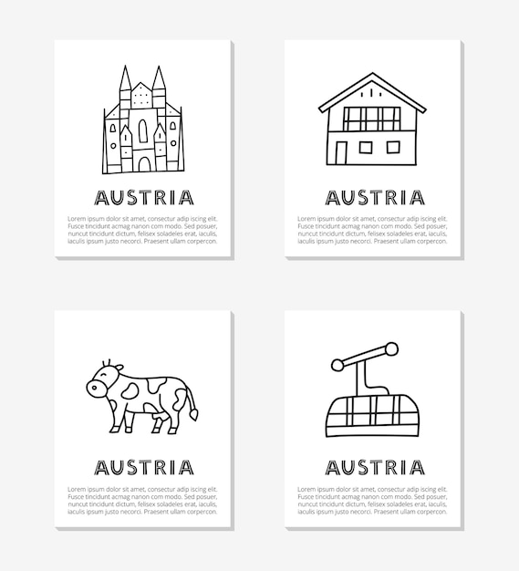 Tarjetas con doodle contorno iconos de austria