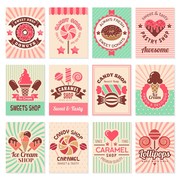 Vector tarjetas de dulces. postres dulces símbolos de confitería para la colección de folletos del menú del restaurante