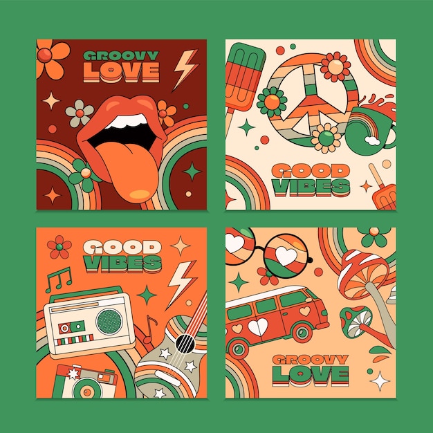 Tarjetas de elementos groovy en estilo dibujado a mano