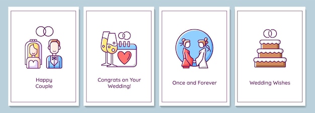 Tarjetas de felicitación de celebración del día de la boda con conjunto de elementos de icono de color. Bendición de la feliz pareja. Diseño vectorial de postal. Folleto decorativo con ilustración creativa. Notecard con mensaje de felicitación.