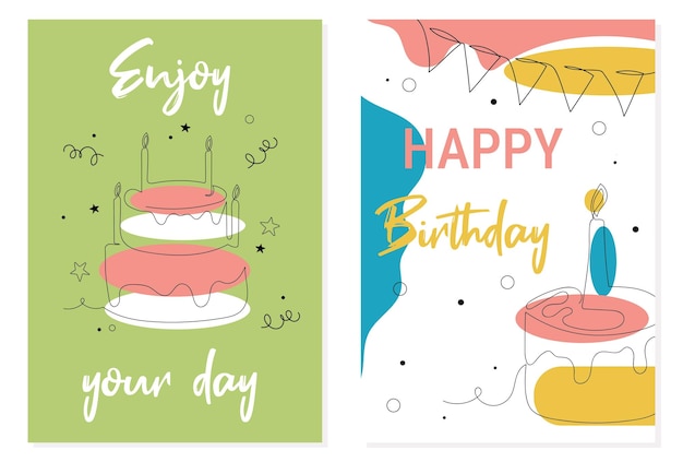 Tarjetas de felicitación de cumpleaños coloridas Diseño artístico de líneas vectoriales con pasteles