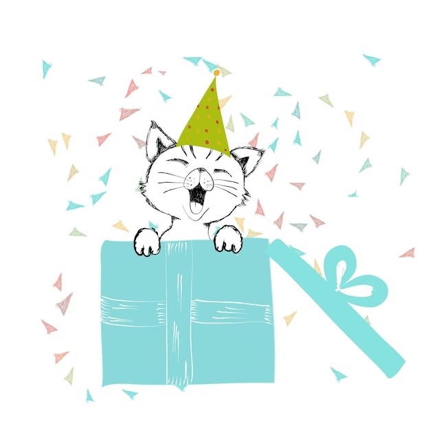 Tarjetas de felicitación de cumpleaños feliz dibujadas a mano con un lindo gato creado con bolígrafos de tinta negra para una fiesta amorosa ilustración vectorial aislada en fondo blanco