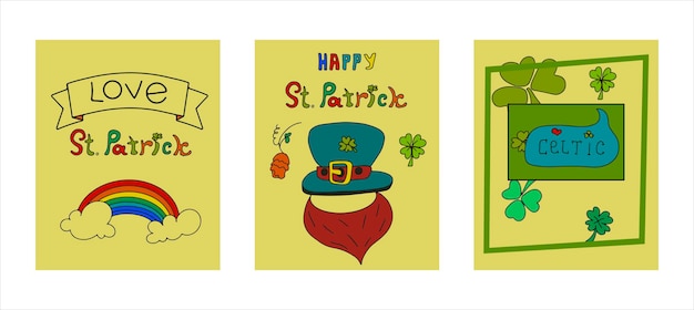 Tarjetas de felicitación del día de san patricio con imágenes dibujadas a mano. un garabato de cerveza, irlanda, pub, bar, fiesta. plantilla para una postal, invitación, anuncio o pancarta para la festividad irlandesa del 17 de marzo. v