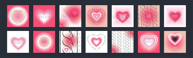 Tarjetas de felicitación del Día de San Valentín de vectores en colores degradados con corazones Colección de diseños de tipografía extravagantes imprimibles estéticos y2k modernos Plantillas de impresión Aura de sensación vintage femenina suave