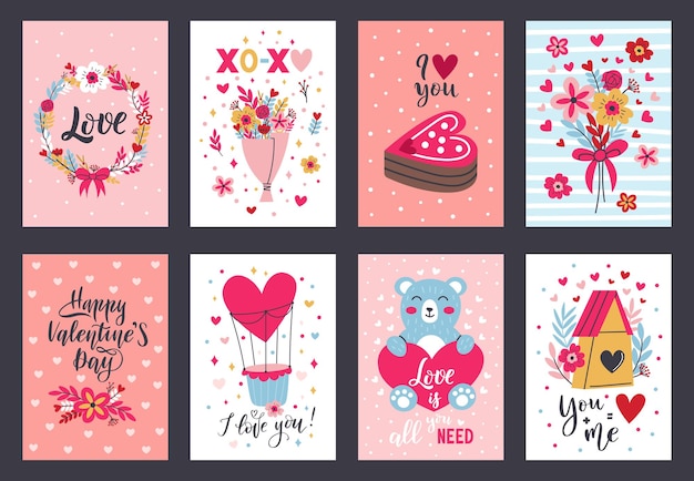 Tarjetas de felicitación de elementos encantadores románticos lindos del día de San Valentín. Conjunto de ilustraciones vectoriales de carteles románticos de formas, regalos y flores de corazón. Tarjetas de decoraciones de feliz día de san valentín con flores y pastel