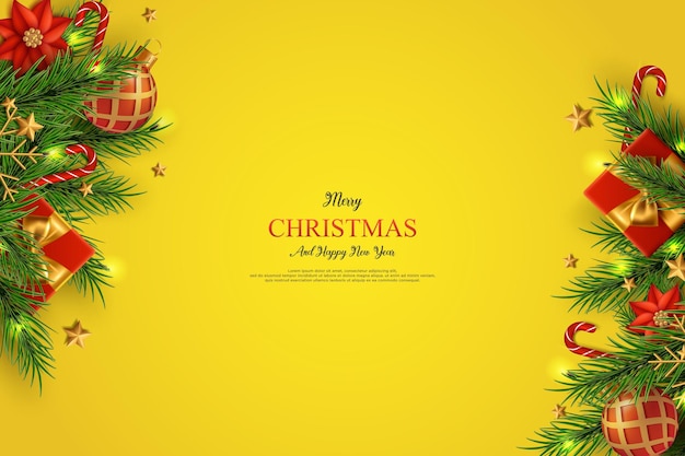 Vector tarjetas de felicitación de feliz navidad y año nuevo con adornos navideños realistas