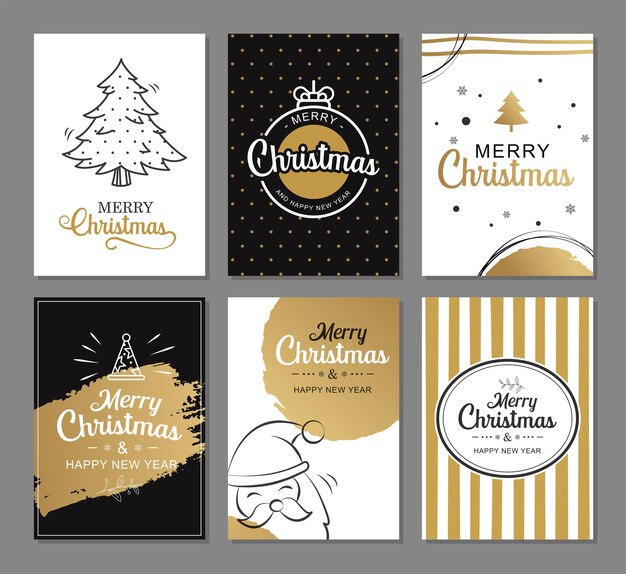 Vector tarjetas de felicitación de feliz navidad con plantillas de decoración de lujo dorado conjunto de carteles de vacaciones etiqueta diseño de postal de banner