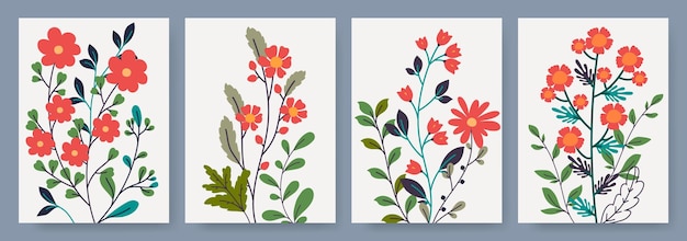 Tarjetas de felicitación florales con plantas botánicas dibujadas a mano que florecen flores rojas y vegetación exuberante