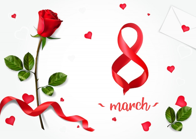 Tarjetas de felicitación horizontales con rosas realistas al 8 de marzo