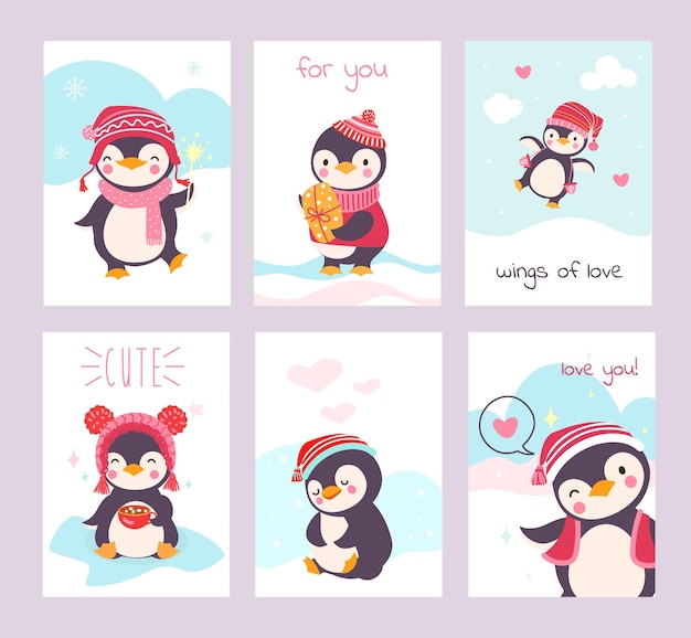 Tarjetas de felicitación de invierno imprimibles con lindos pingüinos de dibujos animados Niños personajes divertidos de pingüinos decorativos plantillas de portadas vectoriales actuales
