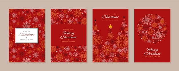 Tarjetas de felicitación de Navidad Celebración de Año Nuevo Textura gráfica del símbolo de Feliz Navidad Regalo de vacaciones de diciembre Árbol rojo Línea copos de nieve o estrellas Plantilla de diseño llamativo Set de pancartas vectoriales