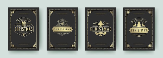 Tarjetas de felicitación de Navidad establecer diseño tipográfico vintage adornos ornamentales símbolos