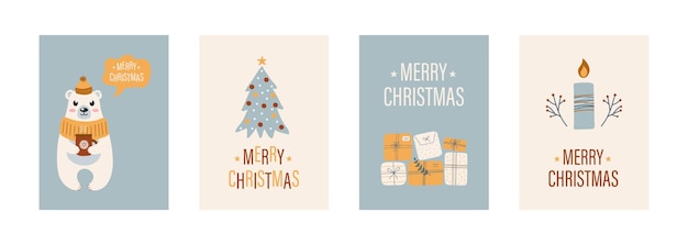 Tarjetas de felicitación navideñas con cajas de regalo árbol de navidad lindo oso polar vela y plantas