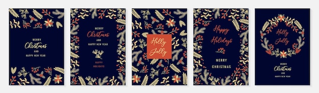 Tarjetas de felicitación navideñas en elegante estilo plano con fondos azules oscuros y elementos florales rojos dorados Perfectos para diseños de vacaciones de invierno invitaciones de Año Nuevo y decoraciones festivas