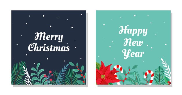 Tarjetas de felicitación navideñas con elementos festivos.