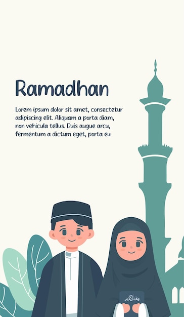 Tarjetas de felicitación de Ramadán con adornos de personajes musulmanes masculinos y femeninos ilustración vectorial