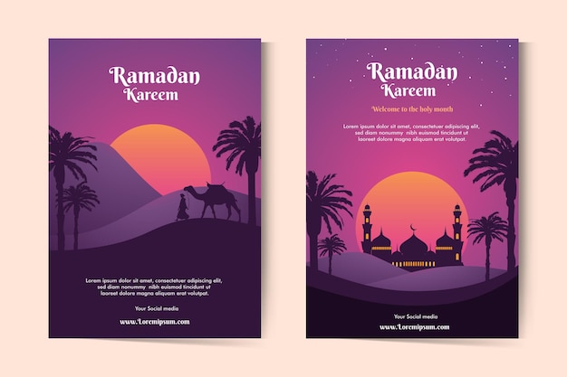 Tarjetas de felicitación de ramadan kareem con paisaje al atardecer