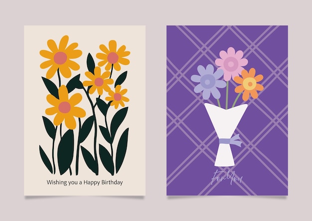 Tarjetas de felicitación con ramos de flores de color plano
