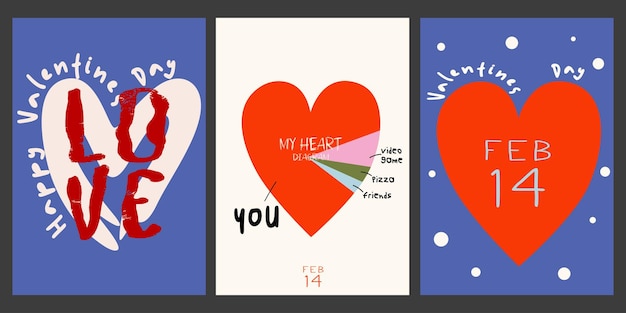 Tarjetas de felicitación románticas para el Día de San Valentín con formas y letras abstractas de corazones rosados y rojos