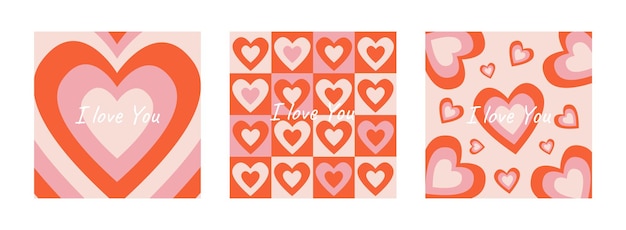 Tarjetas de felicitación románticas retro para el día de San Valentín con mensajes de amor y patrones de corazón