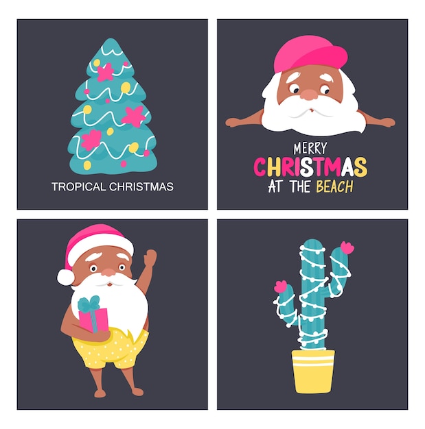 Tarjetas de felicitación de verano de santa. navidad tropical y feliz año nuevo en un diseño de clima cálido. carteles de vector lindo santa claus.