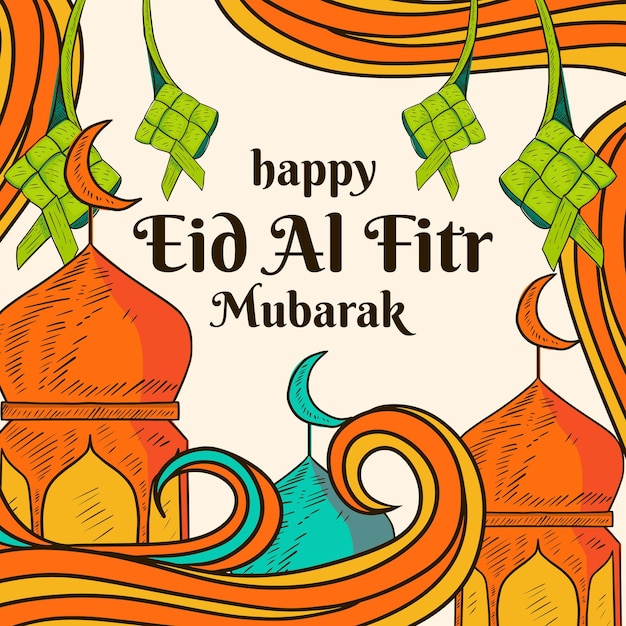 Tarjetas de felicitaciones dibujadas a mano para el feliz Eid al Fitr Mubarak