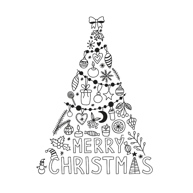 Tarjetas de feliz árbol de Navidad con clipart de garabateo de invierno en forma de triángulo Impresión vectorial dibujada a mano