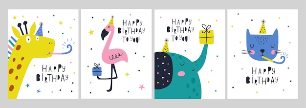 Tarjetas de feliz cumpleaños con ilustraciones de vectores de animales