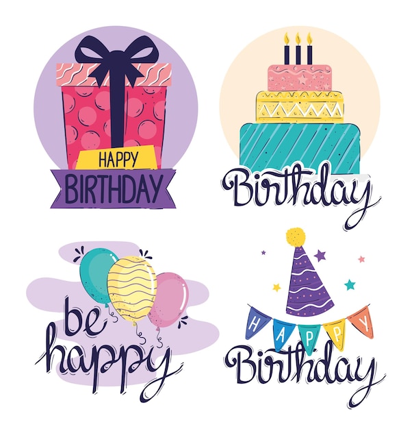 Tarjetas de feliz cumpleaños con letras con ilustración de iconos