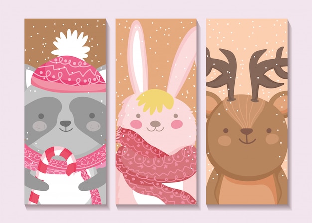Tarjetas de feliz navidad con conejo, mapache y venado