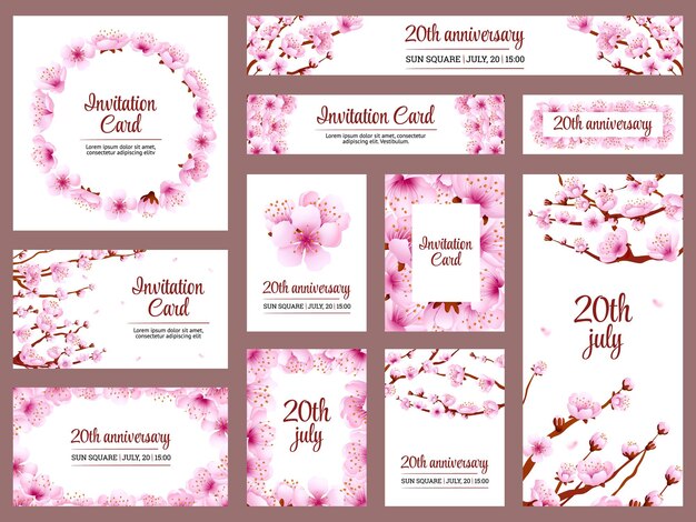 Tarjetas de flor de sakura Flores de cerezo Invitación de boda floral de Japón Pétalo volador Folletos de primavera y verano asiáticos japoneses Aniversario ostentosos banners vectoriales