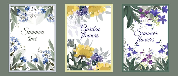 Tarjetas florales vectoriales de verano con flores azules y amarillas Tres ilustraciones florales en un blanco