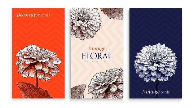 Tarjetas de flores vintage en estilo dibujado a mano
