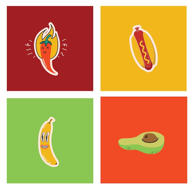 Tarjetas de fondo vectorial con ilustraciones de moda de hot dog y hotdog de aguacate de plátano loco