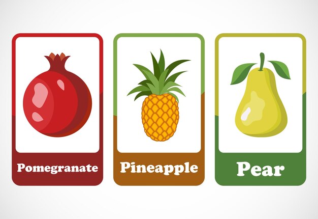Tarjetas de frutas para niños Tarjetas educativas para preescolar Ilustración vectorial imprimible