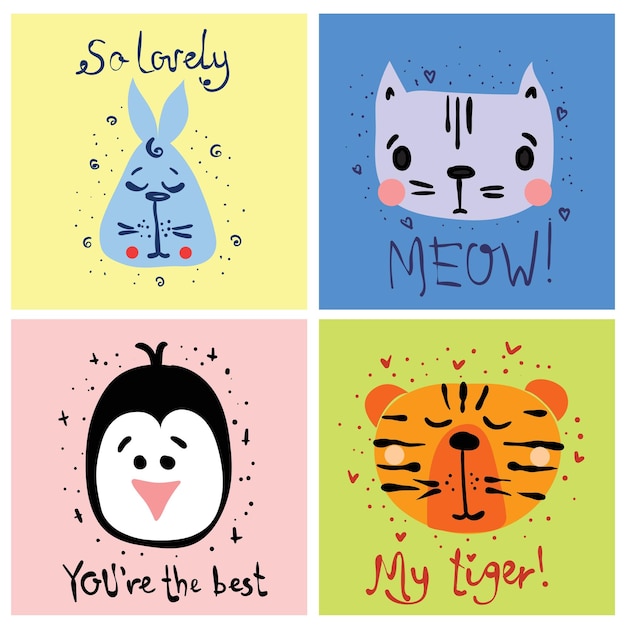 Tarjetas de garabatos vectoriales con animales lindos en un diseño simple y letras divertidas para niños diseño de tarjetas de felicitación camiseta impresión cartel de inspiración