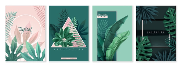 Tarjetas de hojas tropicales y marcos geométricos. Conjunto de tarjetas de invitación verticales.