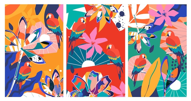 Tarjetas inspiradas en la naturaleza vectorial con motivos florales y de hojas y loros en estilo de diseño moderno