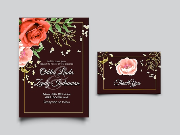 Tarjetas de invitación de boda de acuarela de durazno y rosas rojas