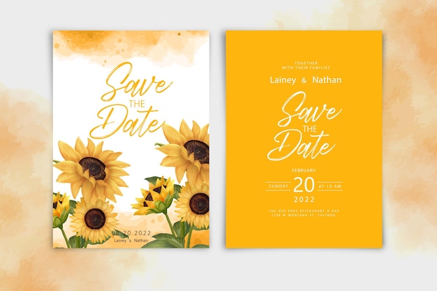 Tarjetas de invitación de boda de acuarela de girasol Cartel floral Invitación elegante elementos florales