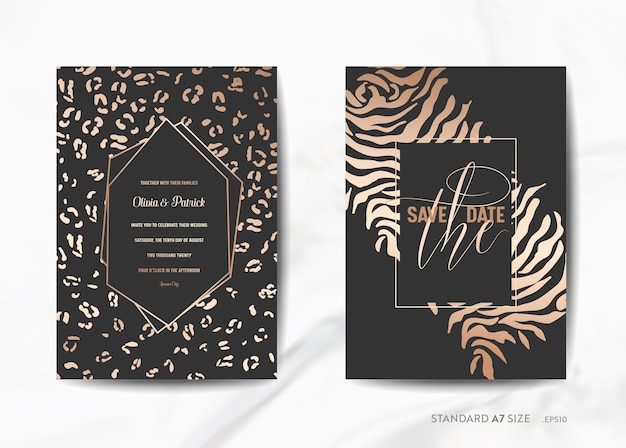 Tarjetas de invitación de boda, ahorre la fecha con la moderna ilustración de fondo de textura dorada de piel de animal en vector