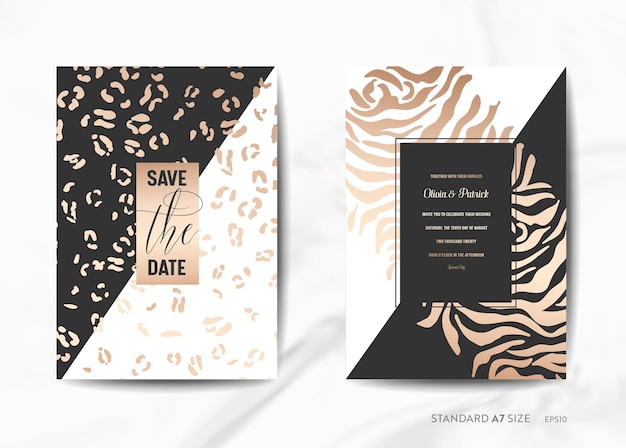 Tarjetas de invitación de boda, ahorre la fecha con la moderna ilustración de fondo de textura dorada de piel de animal en vector