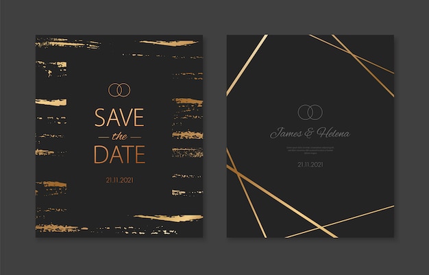 Tarjetas de invitación de boda con elementos de diseño poligonal geométrico dorado. Invitación de lujo