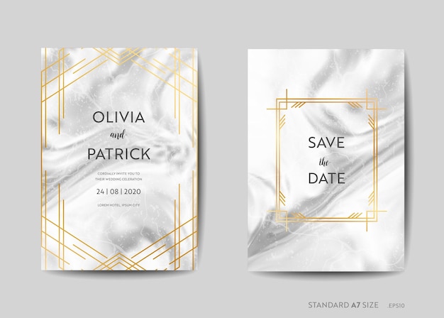 Vector tarjetas de invitación de boda, estilo art deco ahorre la fecha con un fondo de textura de mármol moderno y una ilustración de diseño de marco geométrico dorado en vector