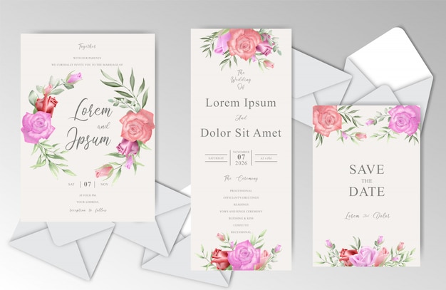 Vector tarjetas de invitación de boda románticas dibujadas a mano con acuarela verde y rosas