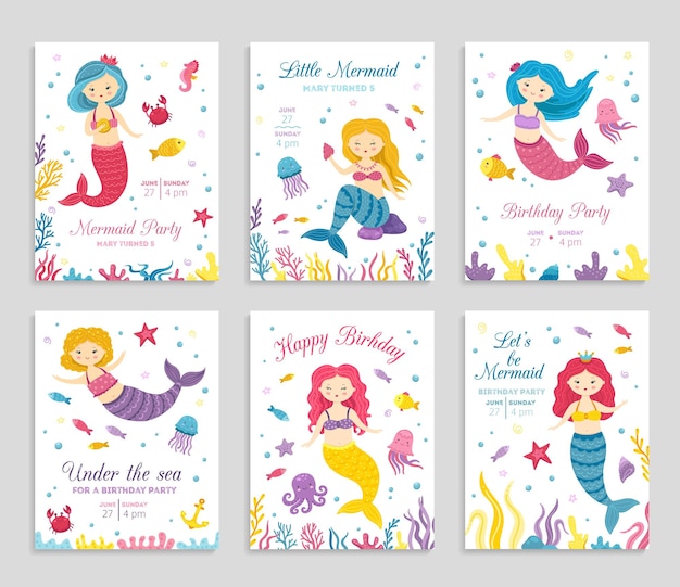 Vector tarjetas de invitación de sirena. cartel de cumpleaños, invitación a fiesta infantil. lindos volantes de princesa y animales del océano. banners de vector festivo de mar increíble. cumpleaños de tipografía de invitación con ilustración submarina