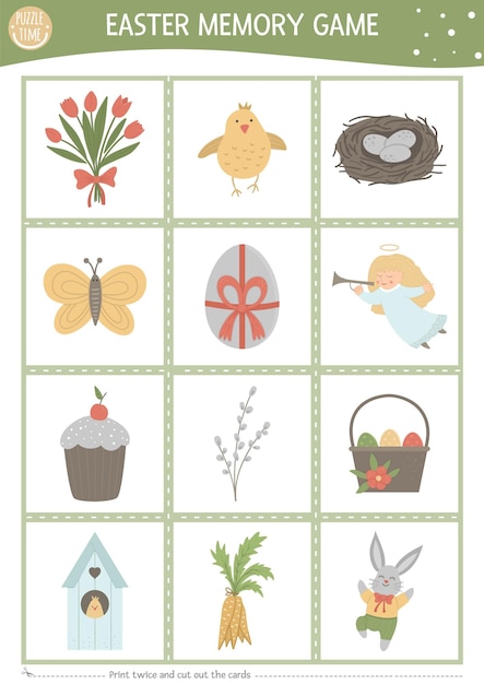 Tarjetas de juego de memoria de Pascua vectorial con símbolos tradicionales de vacaciones Actividad de emparejamiento con personajes lindos Recuerde y encuentre la tarjeta correcta Hoja de trabajo imprimible de primavera simple para niños xA