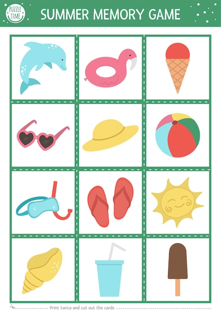 Tarjetas de juego de memoria de verano con lindos objetos de playa Actividad de combinación con delfín gafas de sol bola helado Recuerda y encuentra la tarjeta con la imagen correcta Hoja de trabajo imprimible simple de vacaciones en el mar para niños xA